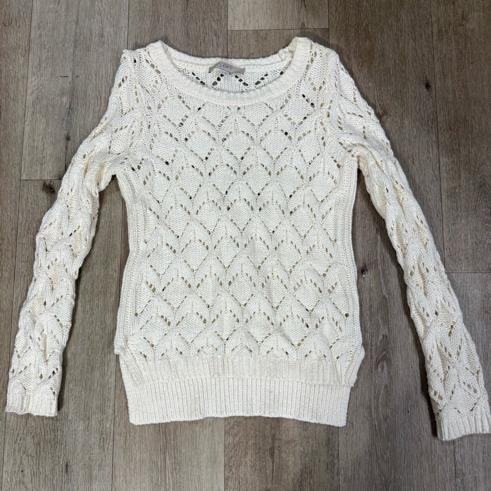 LOFT Cream Open-Knit Crewneck Sweater